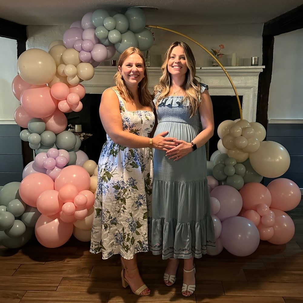 A Pea in the Pod Chambray Ruffle Midi Dress with Embroidery [Bump-friendly!]